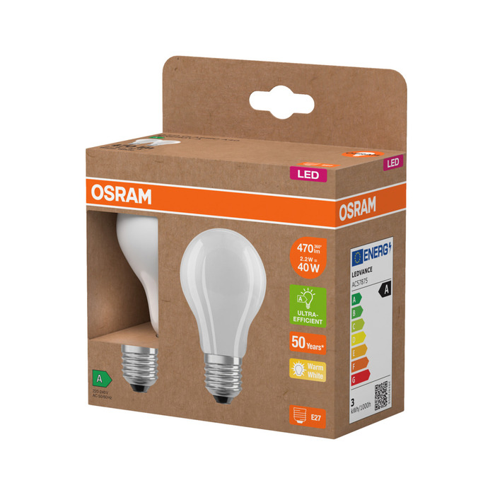 Osram LED matt standardpære E27 2,2 W 2-pk.